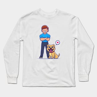 Cute Man With Dog Cartoon Vector Icon Illustration Long Sleeve T-Shirt